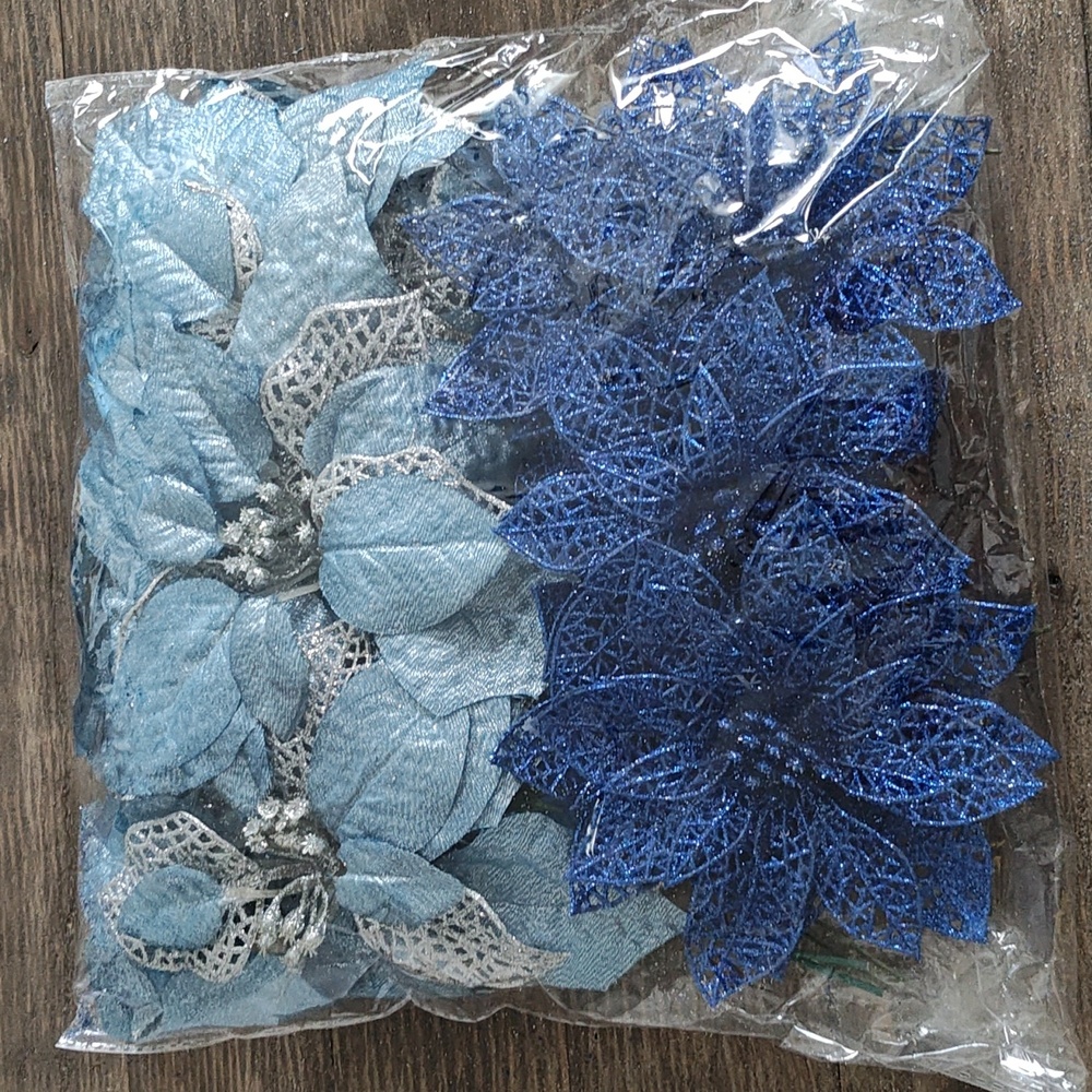 New Blue Glitter Poinsettia Christmas Tree Ornaments SET